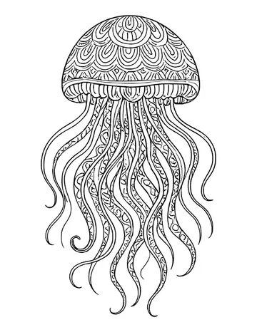 Jellyfish with a dome bell of scalloped patterns, a frilled rim and long patterned tentacles curling at the ends.