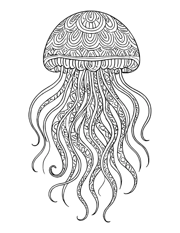 Jellyfish with a dome bell of scalloped patterns, a frilled rim and long patterned tentacles curling at the ends.
