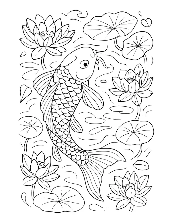 Koi fish curving downward through a pond with lotus blossoms, lily pads and rippling water lines.