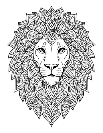 Front-facing lion with a plain face framed by a mane of layered, patterned petal shapes like a lotus.