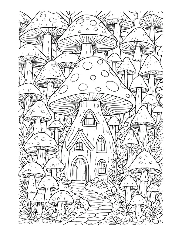 Mushroom cottage with arched windows and a door, a stone path leading up, and a dense forest of mushrooms around it.