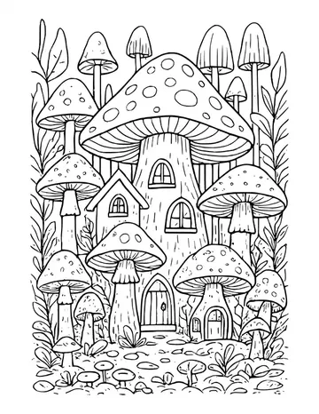 Tall spotted mushroom with windows and doors, surrounded by smaller mushroom homes, leafy plants and pebbles.