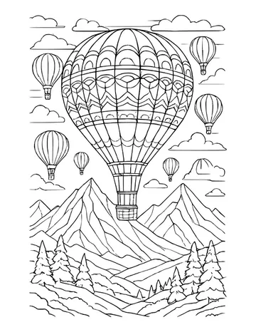 Large balloon with geometric bands drifting over mountains and pine trees, with smaller balloons and clouds nearby.
