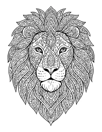 Lion head with patterns across the face and a long flowing mane of decorated, feather-like strands.