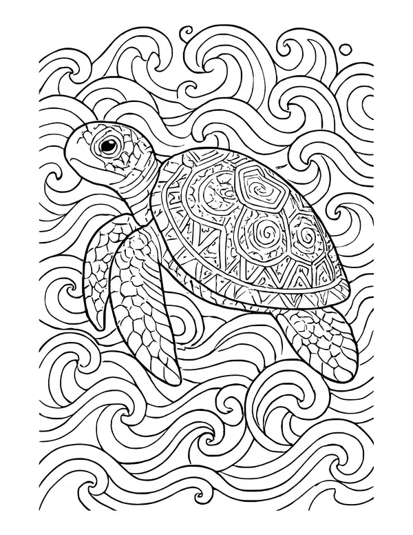 Sea turtle facing left with a geometric patterned shell, surrounded by tightly curling waves and small bubbles.
