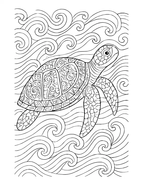 Sea turtle swimming to the right, its shell split into spiral-patterned sections, over a background of rolling waves.