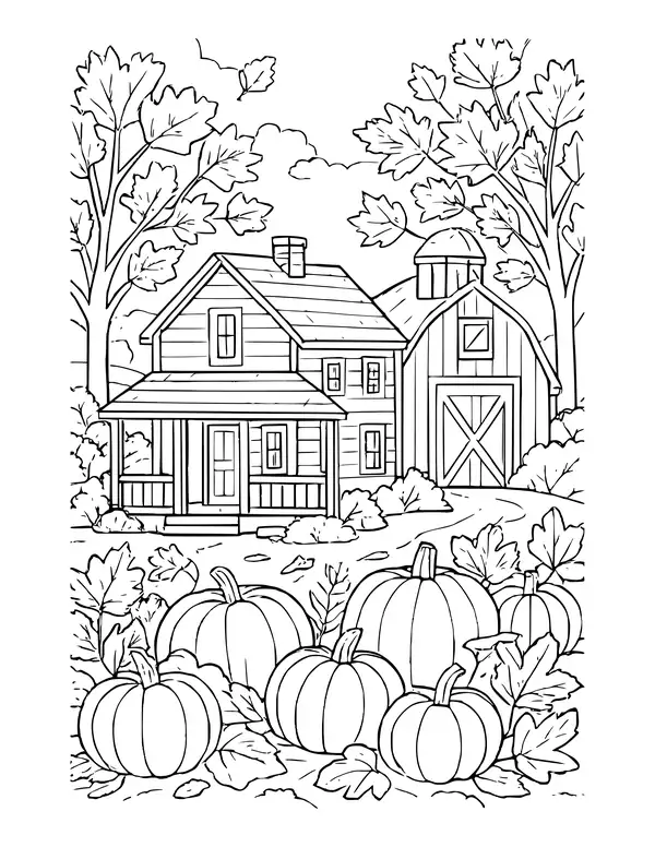 Detailed farmhouse with a porch beside a barn, surrounded by fall trees and a field of pumpkins.