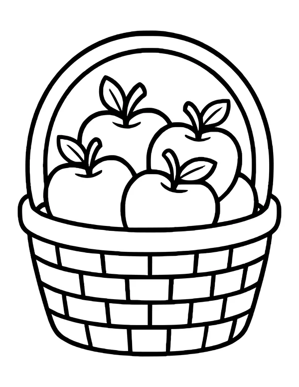 Woven basket with a tall handle, filled to the top with round apples and their leaves.