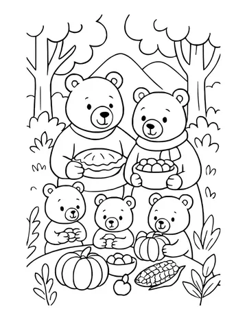 Bear family of two grown bears and three cubs sharing pie, corn and pumpkins in the woods.