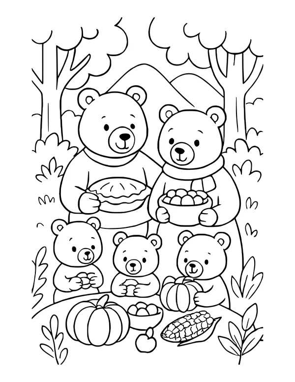 Bear family of two grown bears and three cubs sharing pie, corn and pumpkins in the woods.