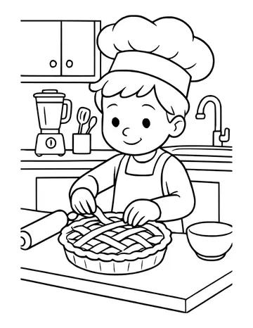 Smiling child in a chef hat and apron weaving a lattice pie crust at a kitchen counter.