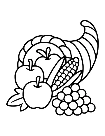 Curled harvest horn spilling out apples, an ear of corn, a bunch of grapes and leaves.