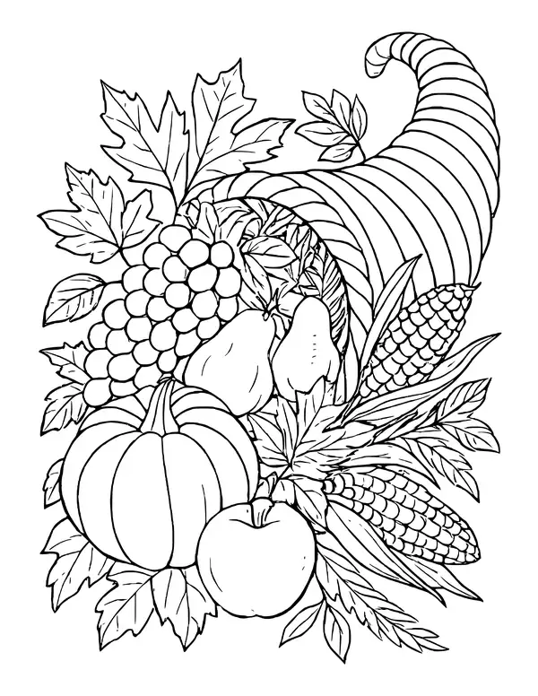 Detailed cornucopia overflowing with pumpkins, grapes, pears, apples and corn on autumn leaves.