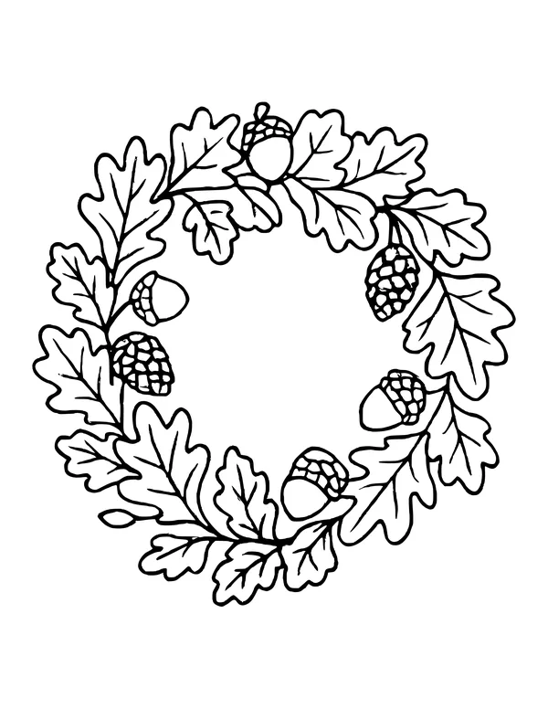 Round autumn wreath made of oak leaves, acorns and small pinecones with an open center.
