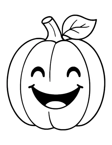 Big round pumpkin with closed smiling eyes, a wide grin, a curly stem and one leaf.