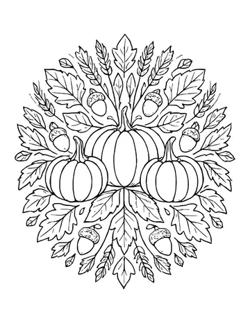 Round mandala of maple leaves, acorns, wheat stalks and pumpkins arranged in a circle.
