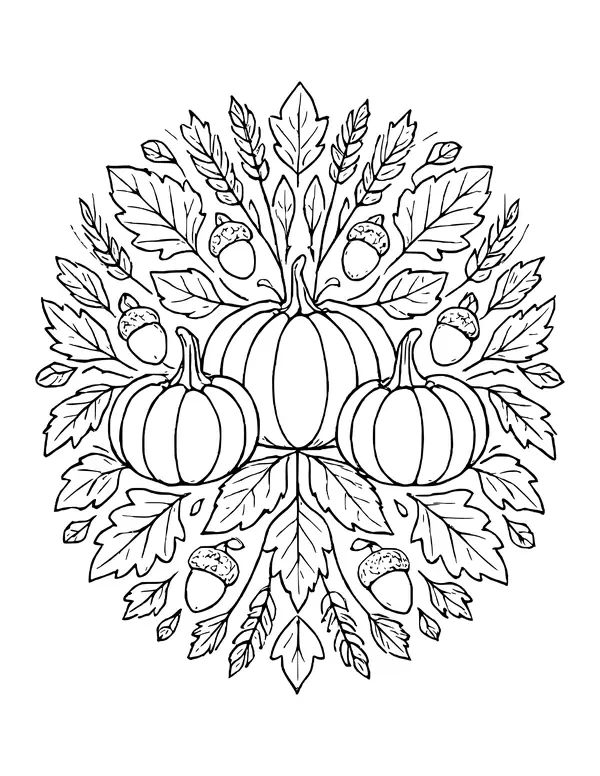 Round mandala of maple leaves, acorns, wheat stalks and pumpkins arranged in a circle.