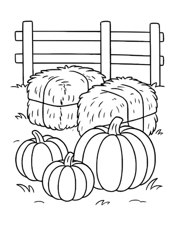 Two stacked hay bales behind a wooden fence with a row of pumpkins in front of them.