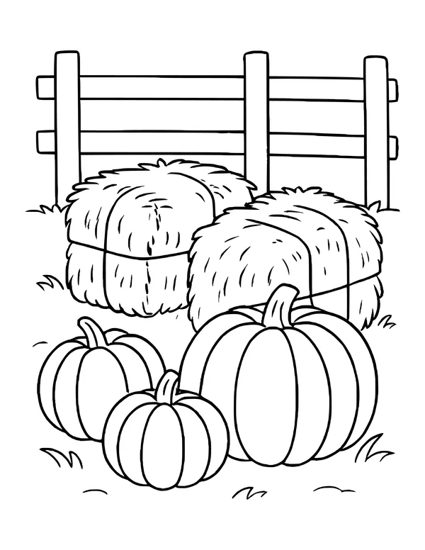Two stacked hay bales behind a wooden fence with a row of pumpkins in front of them.