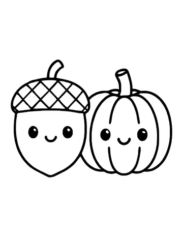 Smiling kawaii acorn with a crosshatched cap standing beside a smiling little pumpkin.