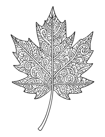 Large maple leaf filled with swirls, petals and lace patterns, with a long stem.