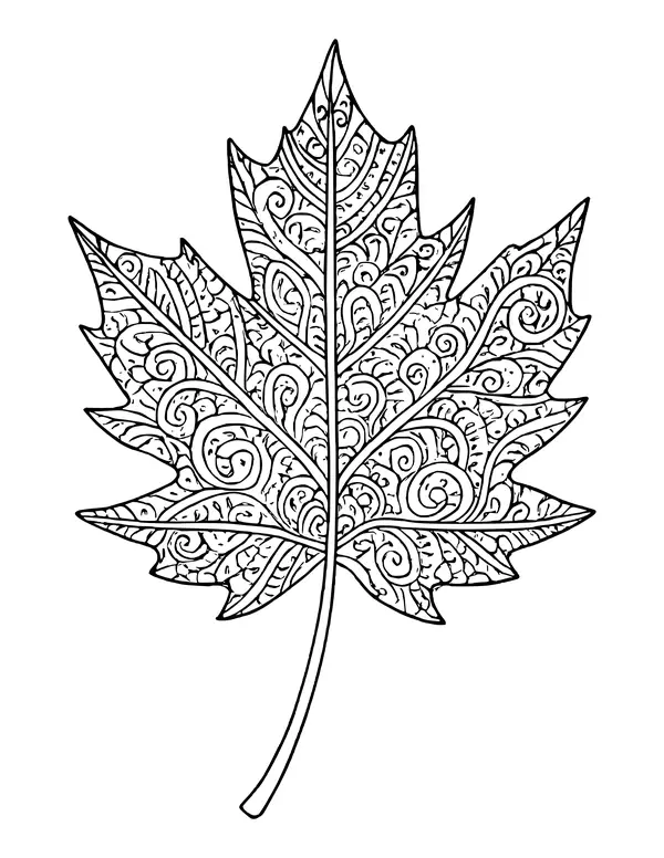 Large maple leaf filled with swirls, petals and lace patterns, with a long stem.