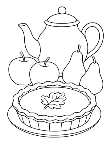 Still life of a pumpkin pie with a leaf on top, apples, pears and a tall teapot behind them.