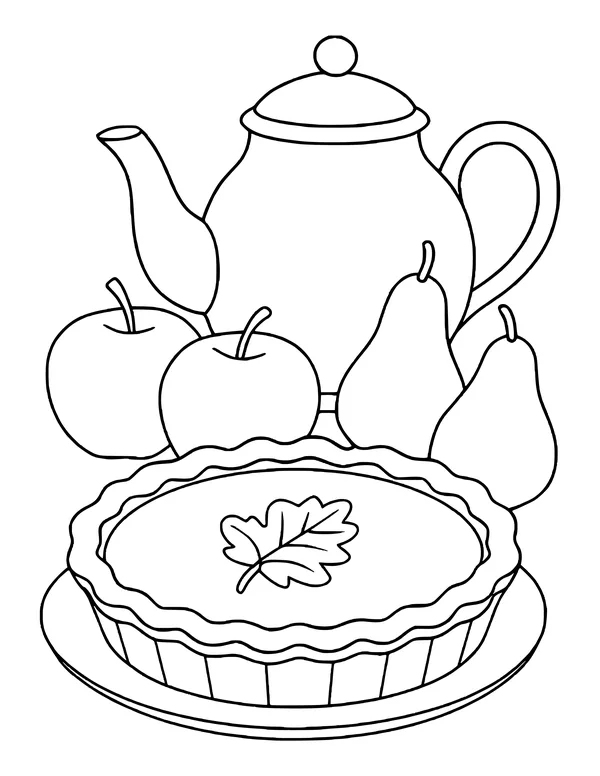 Still life of a pumpkin pie with a leaf on top, apples, pears and a tall teapot behind them.