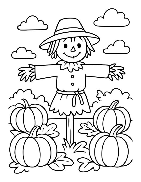 Smiling scarecrow in a hat and patched shirt standing on a pole among pumpkins, under clouds.