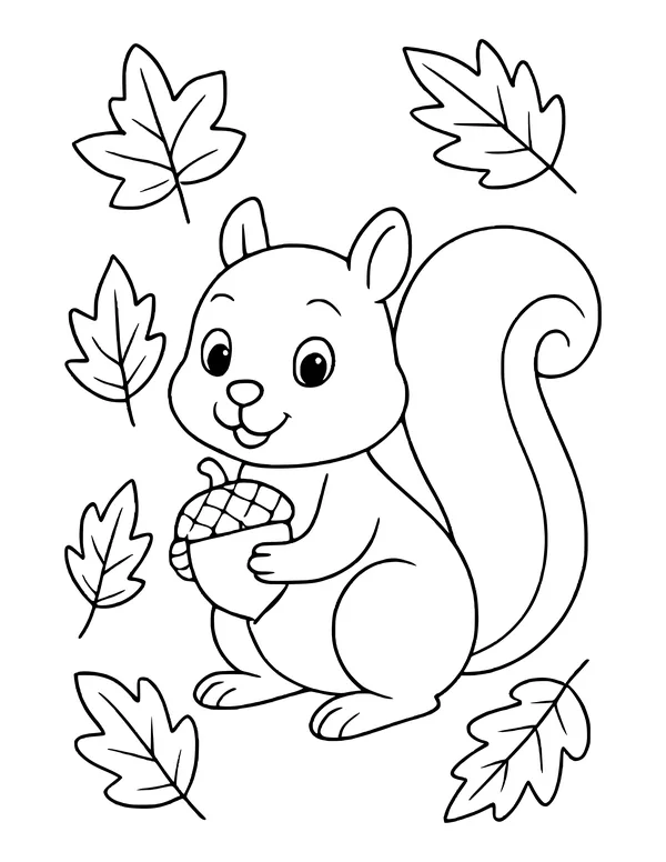 Cute squirrel with a big curled tail sitting up and holding an acorn, surrounded by leaves.