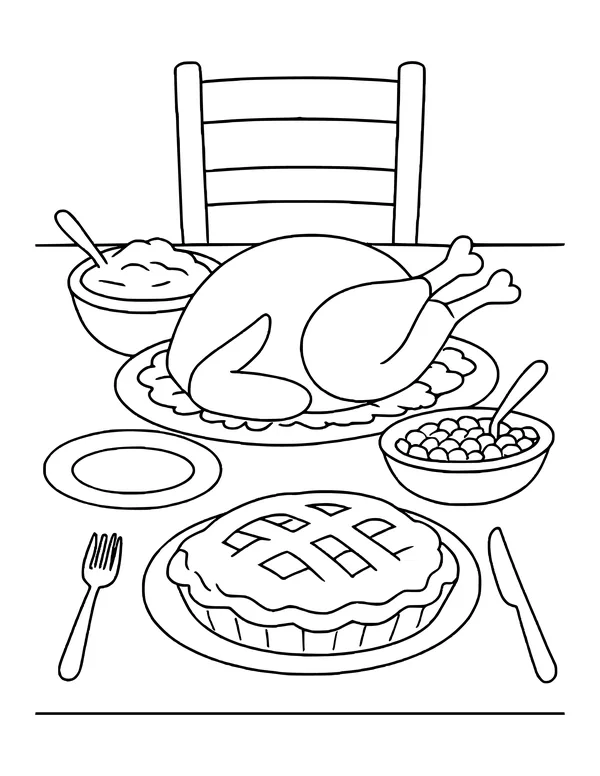 Dinner table with a roast turkey on a platter, mashed potatoes, peas, a lattice pie and plates.