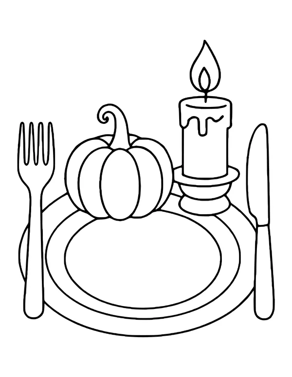 Place setting with a plate, fork and knife, a small pumpkin on the plate and a lit candle.
