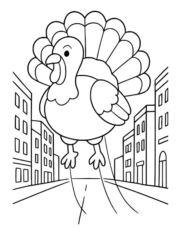 Giant turkey-shaped balloon floating over a city street, held down by ropes between buildings.
