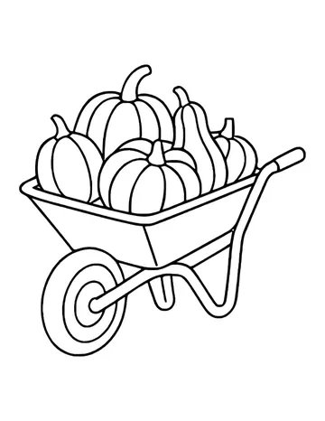 Wheelbarrow piled high with round pumpkins and long squash, with one big front wheel.