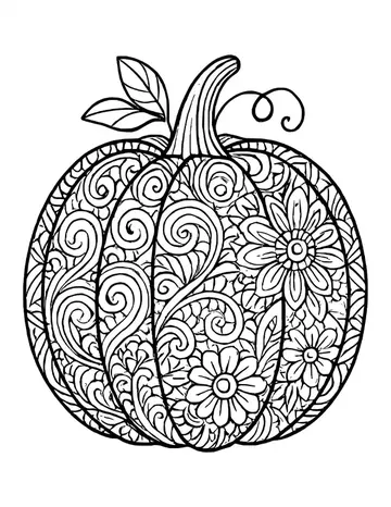 Large pumpkin filled with swirls, paisleys and flowers in each section, with a curly vine.