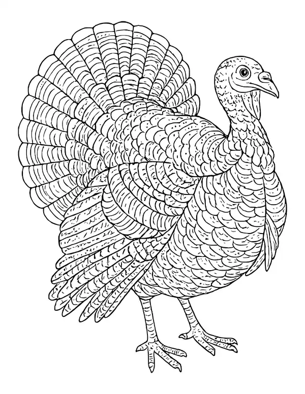 Realistic wild turkey in full display with a huge fanned tail and finely drawn feathers.