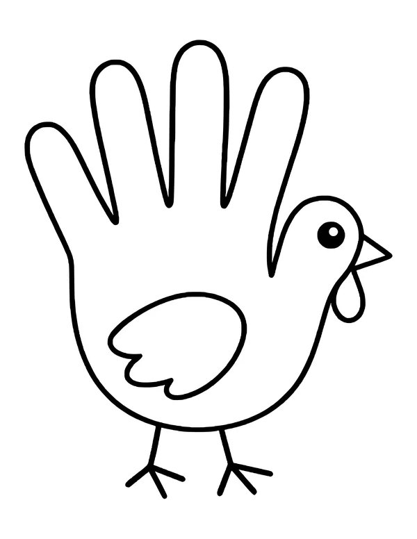 Turkey shaped like a child's handprint: the fingers are the feathers and the thumb is the head.