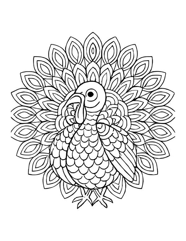 Turkey at the center of a round mandala, its patterned tail feathers forming the outer rings.