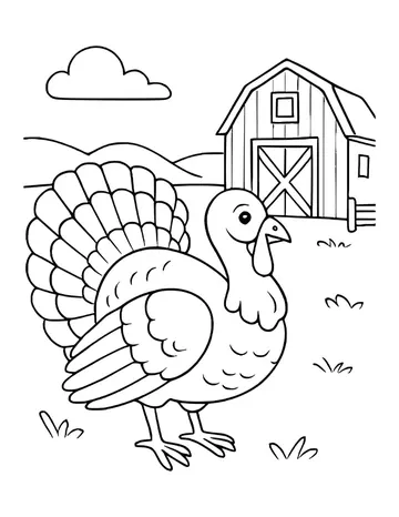 Turkey with a big fanned tail standing in a grassy field in front of a red barn and hills.