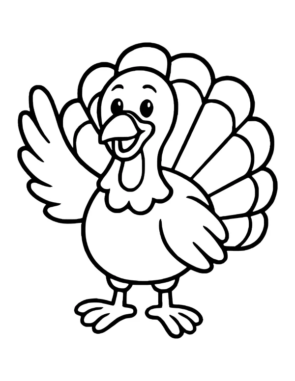 Cartoon turkey with a big smile and fanned tail feathers, waving one wing.