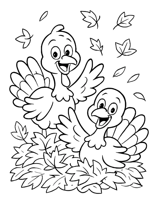 Two laughing cartoon turkeys jumping in a big pile of autumn leaves as more leaves fall.
