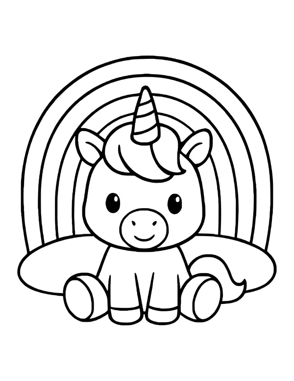 Cute baby unicorn sitting in front of a big rainbow arch