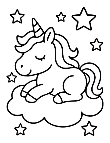 Unicorn lying on a cloud with its head up, eyes closed and smiling, a striped horn and stars around it.