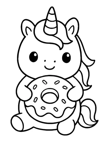 Kawaii unicorn with big shiny eyes holding a large donut with drippy frosting and sprinkles.