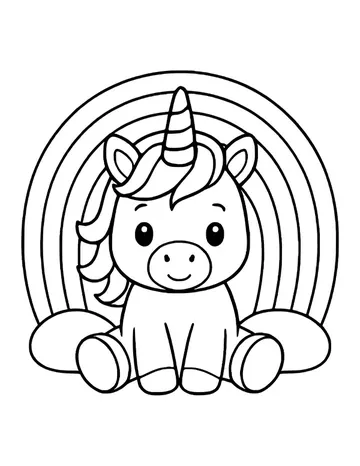 Little unicorn with a curly mane sitting under a rainbow with clouds