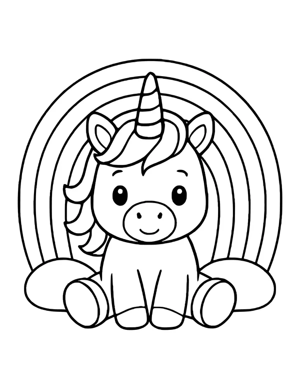 Little unicorn with a curly mane sitting under a rainbow with clouds