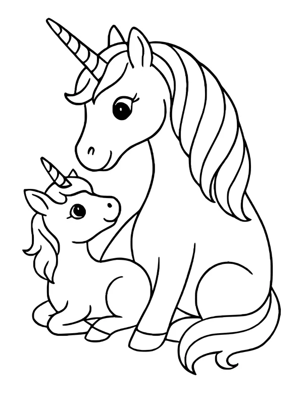 Mother unicorn sitting upright with a flowing tail while a baby unicorn lies beside her looking up.