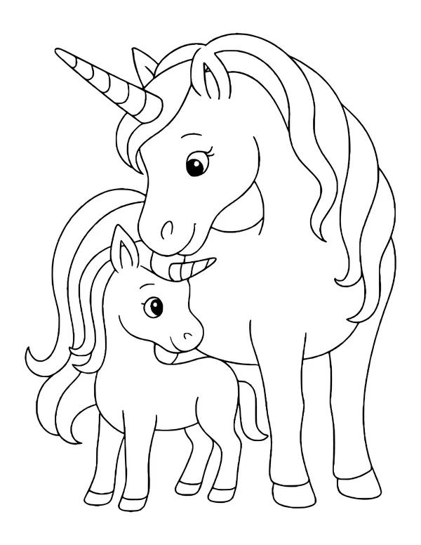 Tall mother unicorn with a long mane lowering her head toward a small baby unicorn standing beside her.