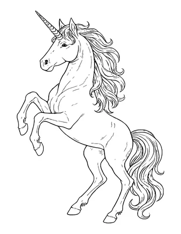Lifelike unicorn rearing up with a wild flowing mane, tufted hooves and muscle lines along its body.