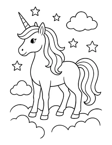 Unicorn with a long curly mane standing on clouds, surrounded by stars